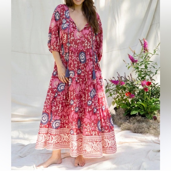 NATURAL LIFE WOMENS AUGUSTE BOHO RED COTTON MAXI DRESS LARGE - Picture 1 of 9